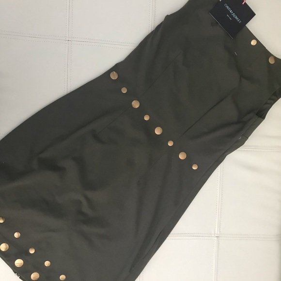 Olive green sleeveless dress with gold accents! - Picture 2 of 2